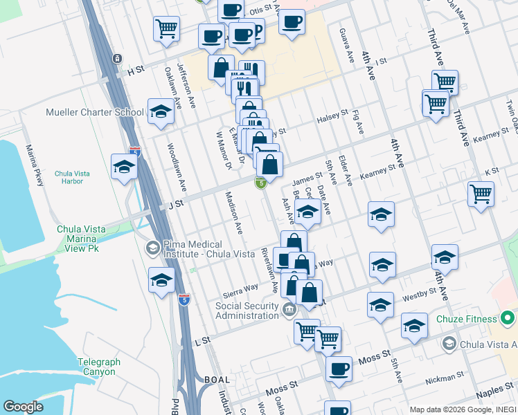 map of restaurants, bars, coffee shops, grocery stores, and more near 749 Riverlawn Avenue in Chula Vista