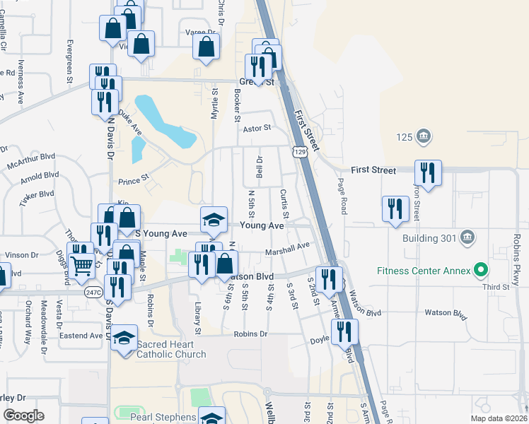 map of restaurants, bars, coffee shops, grocery stores, and more near 304 North 5th Street in Warner Robins