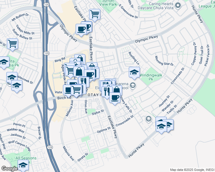map of restaurants, bars, coffee shops, grocery stores, and more near 1660 Brittle Bush Drive in Chula Vista