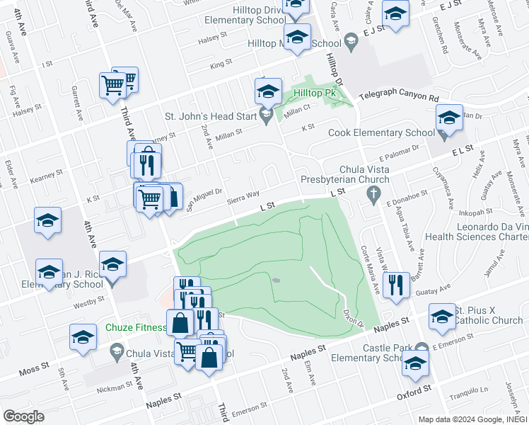 map of restaurants, bars, coffee shops, grocery stores, and more near 156 L Street in Chula Vista