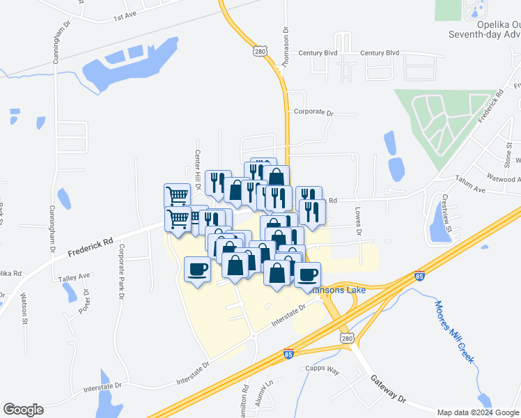 map of restaurants, bars, coffee shops, grocery stores, and more near 1967 Frederick Road in Opelika
