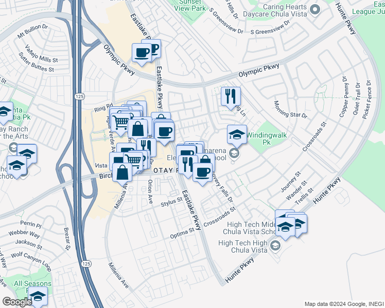 map of restaurants, bars, coffee shops, grocery stores, and more near 1661 Brittle Bush Drive in Chula Vista