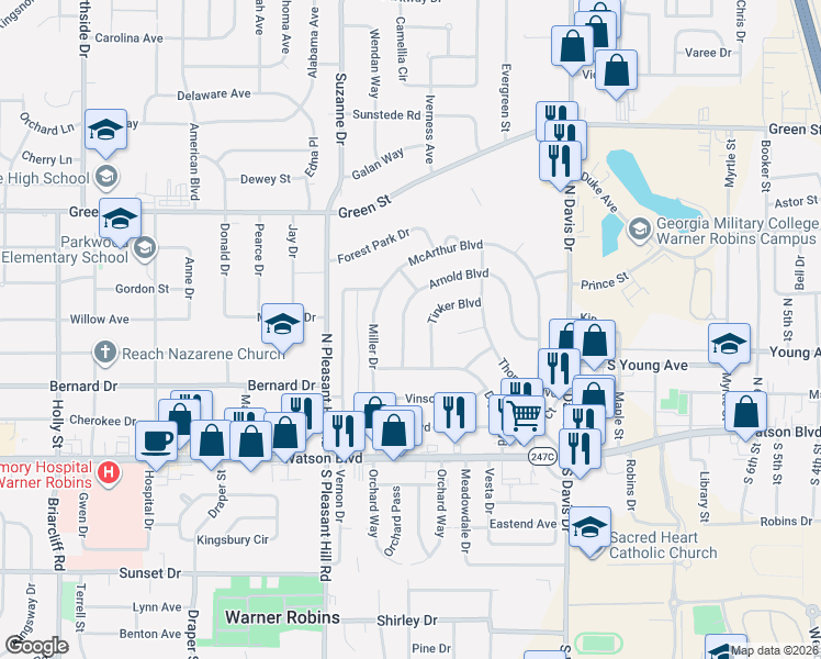 map of restaurants, bars, coffee shops, grocery stores, and more near 321 Arnold Boulevard in Warner Robins