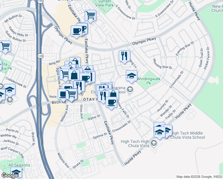 map of restaurants, bars, coffee shops, grocery stores, and more near 2177 Diamondback Court in Chula Vista