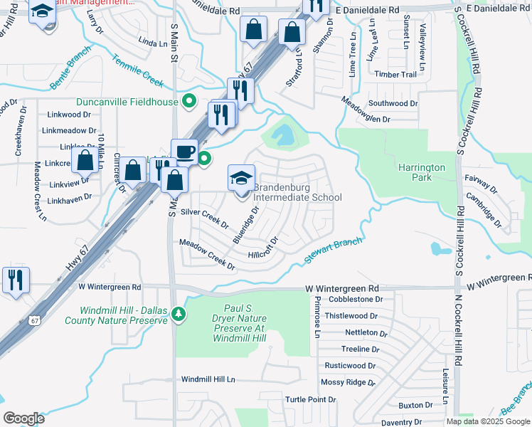 map of restaurants, bars, coffee shops, grocery stores, and more near 1907 Silver Creek Place in Duncanville
