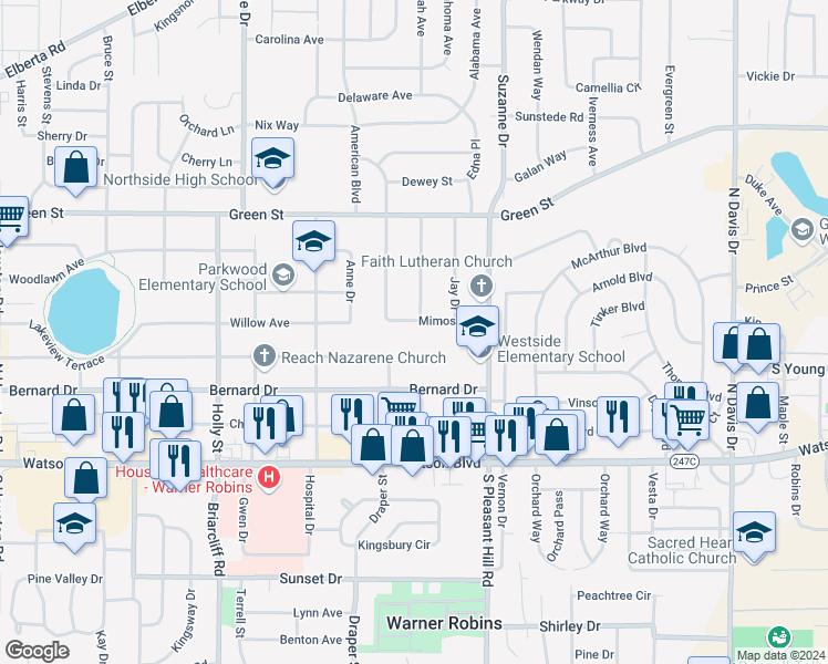 map of restaurants, bars, coffee shops, grocery stores, and more near 301 Mimosa Drive in Warner Robins
