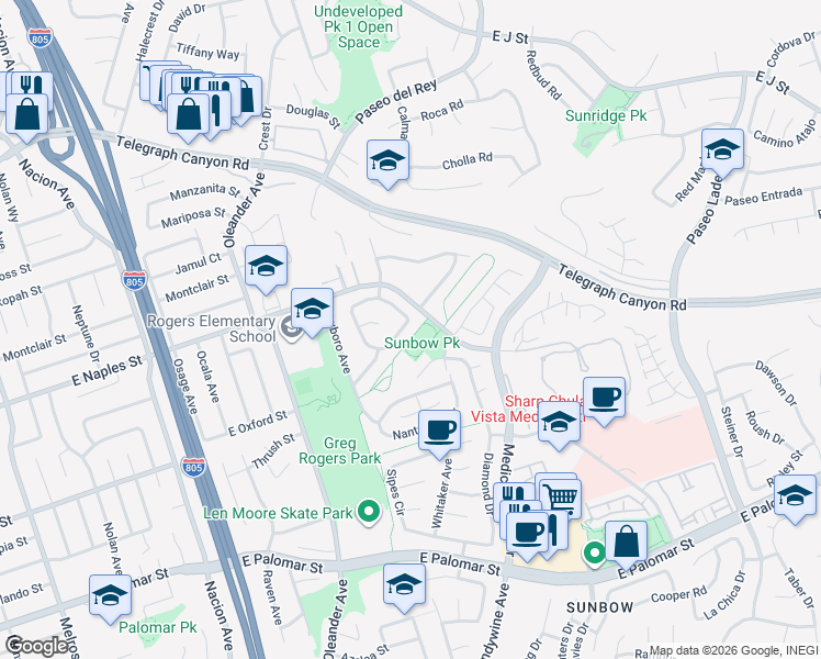 map of restaurants, bars, coffee shops, grocery stores, and more near 629 Crescent Drive in Chula Vista