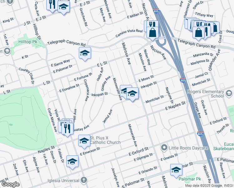 map of restaurants, bars, coffee shops, grocery stores, and more near 180 Inkopah Street in Chula Vista