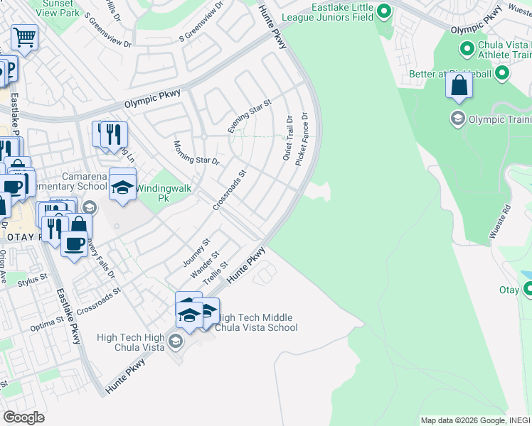 map of restaurants, bars, coffee shops, grocery stores, and more near 1781 Picket Fence Drive in Chula Vista