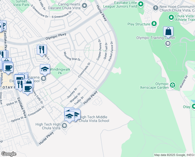 map of restaurants, bars, coffee shops, grocery stores, and more near 1774 Picket Fence Drive in Chula Vista