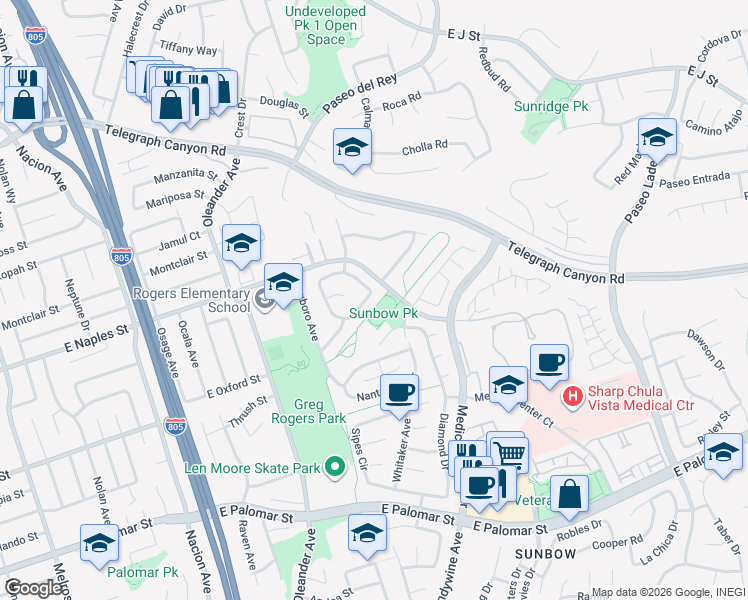 map of restaurants, bars, coffee shops, grocery stores, and more near 629 Crescent Drive in Chula Vista