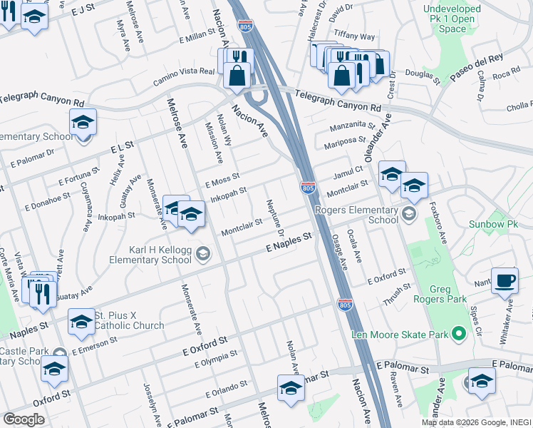 map of restaurants, bars, coffee shops, grocery stores, and more near 367 Montcalm Street in Chula Vista