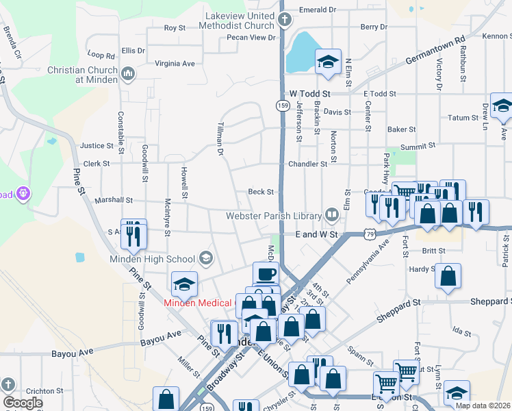 map of restaurants, bars, coffee shops, grocery stores, and more near 515 Fort Avenue in Minden