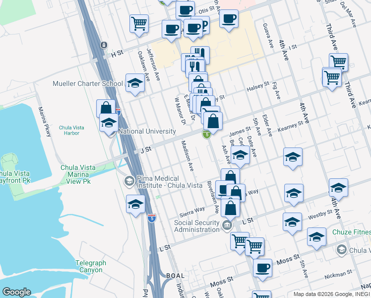 map of restaurants, bars, coffee shops, grocery stores, and more near 742 Madison Avenue in Chula Vista