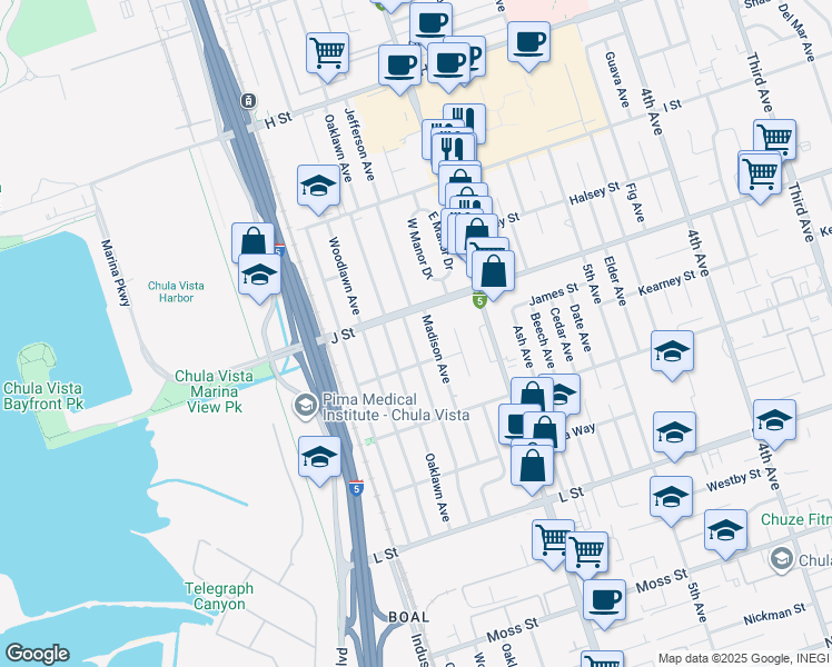 map of restaurants, bars, coffee shops, grocery stores, and more near 742 Madison Avenue in Chula Vista