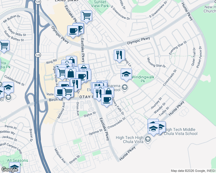 map of restaurants, bars, coffee shops, grocery stores, and more near 2177 Diamondback Court in Chula Vista
