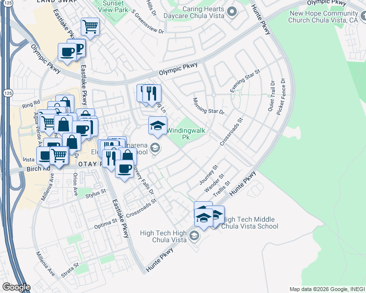 map of restaurants, bars, coffee shops, grocery stores, and more near Windingwalk Street in Chula Vista