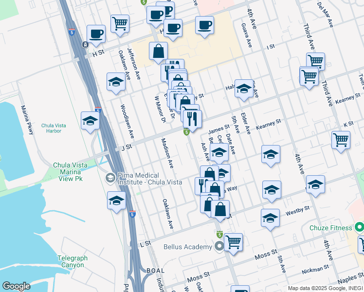 map of restaurants, bars, coffee shops, grocery stores, and more near 738 Broadway in Chula Vista