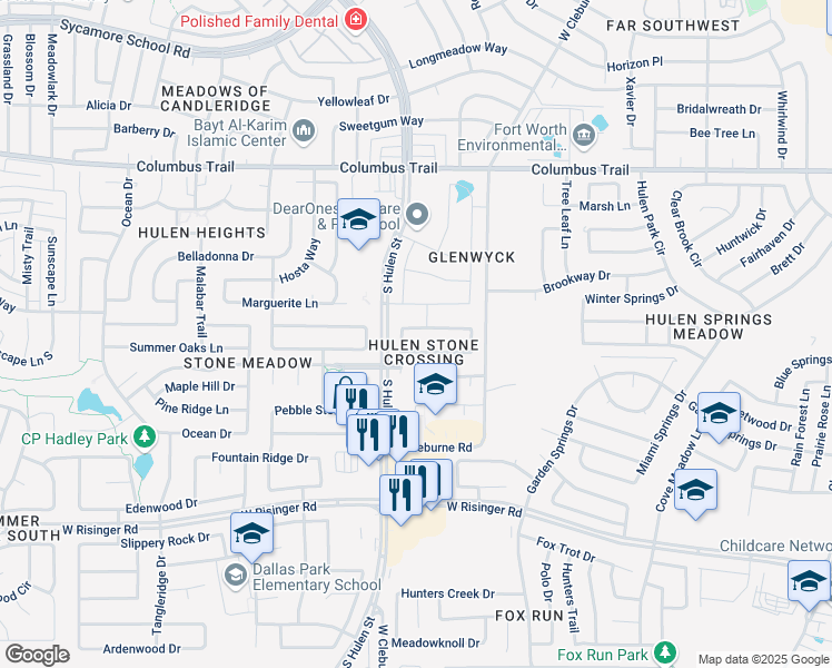 map of restaurants, bars, coffee shops, grocery stores, and more near 8229 Boulder Canyon Trail in Fort Worth