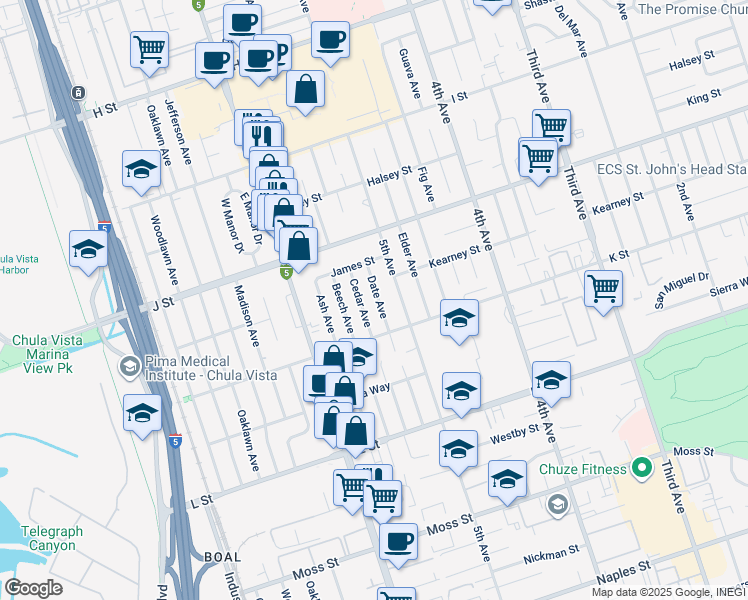 map of restaurants, bars, coffee shops, grocery stores, and more near 2 Date Avenue in Chula Vista