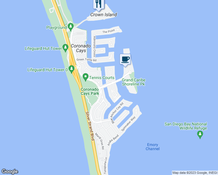 map of restaurants, bars, coffee shops, grocery stores, and more near 100 Kingston Court West in Coronado