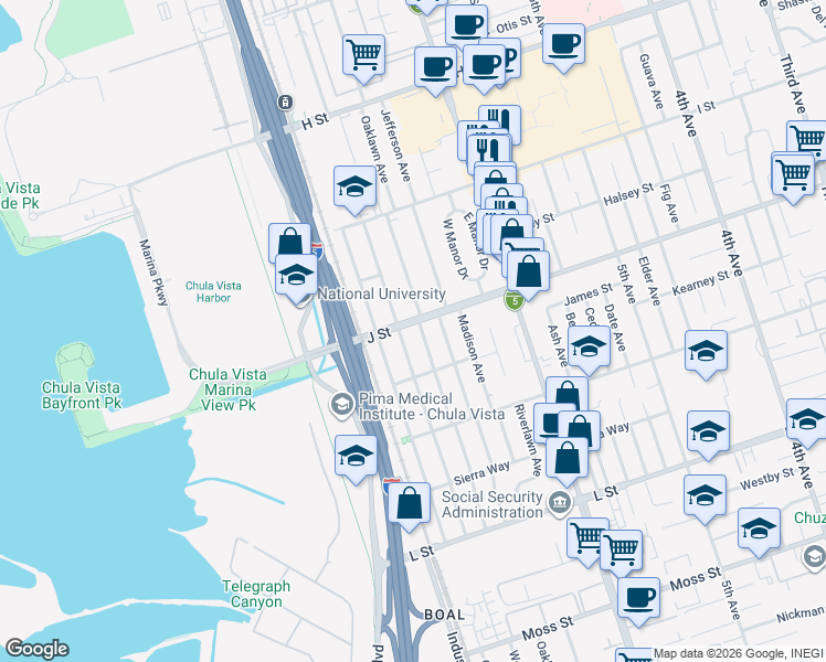 map of restaurants, bars, coffee shops, grocery stores, and more near 698 J Street in Chula Vista