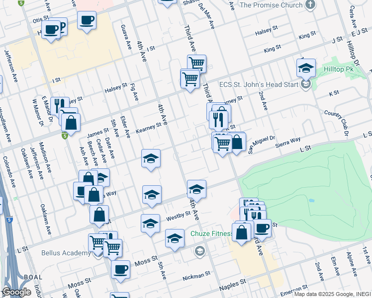 map of restaurants, bars, coffee shops, grocery stores, and more near 391 San Miguel Drive in Chula Vista