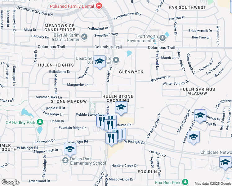 map of restaurants, bars, coffee shops, grocery stores, and more near 8229 Boulder Canyon Trail in Fort Worth