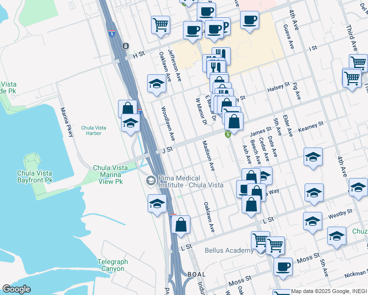 map of restaurants, bars, coffee shops, grocery stores, and more near 702-4 Oaklawn Avenue in Chula Vista