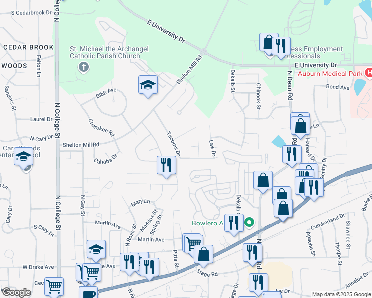 map of restaurants, bars, coffee shops, grocery stores, and more near 516 Waynewood Court in Auburn