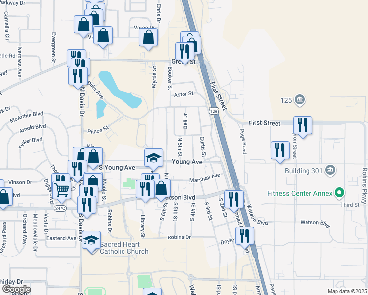 map of restaurants, bars, coffee shops, grocery stores, and more near 304 North 5th Street in Warner Robins