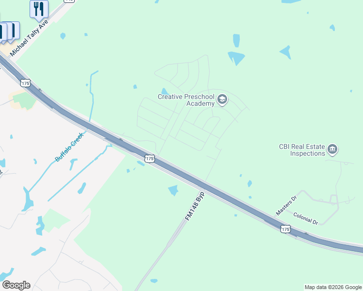 map of restaurants, bars, coffee shops, grocery stores, and more near 2310 Rosebriar Street in Crandall