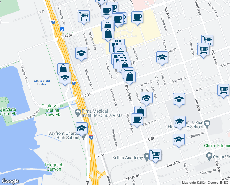 map of restaurants, bars, coffee shops, grocery stores, and more near 717 Madison Avenue in Chula Vista