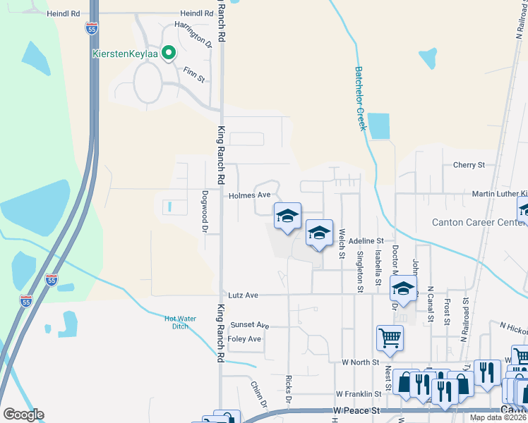 map of restaurants, bars, coffee shops, grocery stores, and more near 1101 Holmes Avenue in Canton