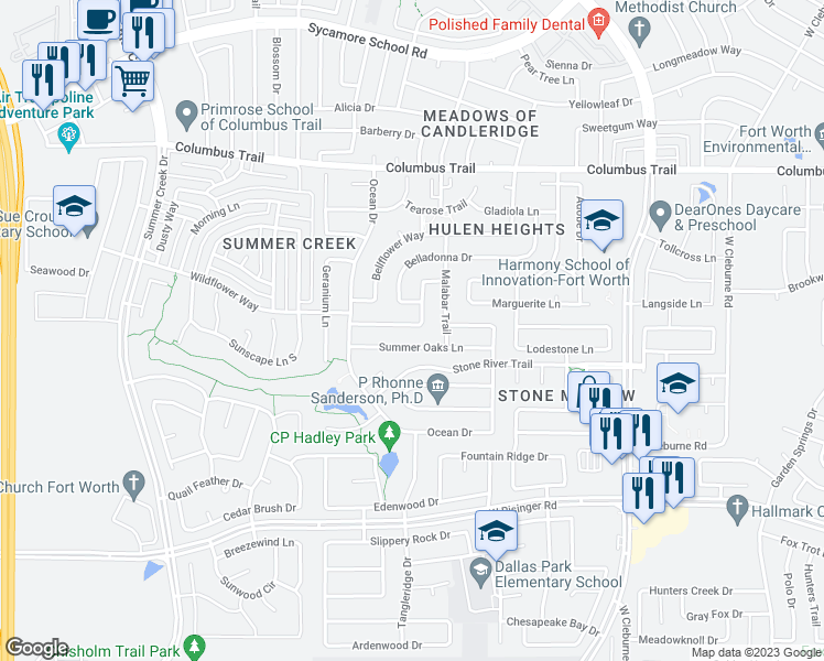 map of restaurants, bars, coffee shops, grocery stores, and more near 4939 Sunset Ridge in Fort Worth