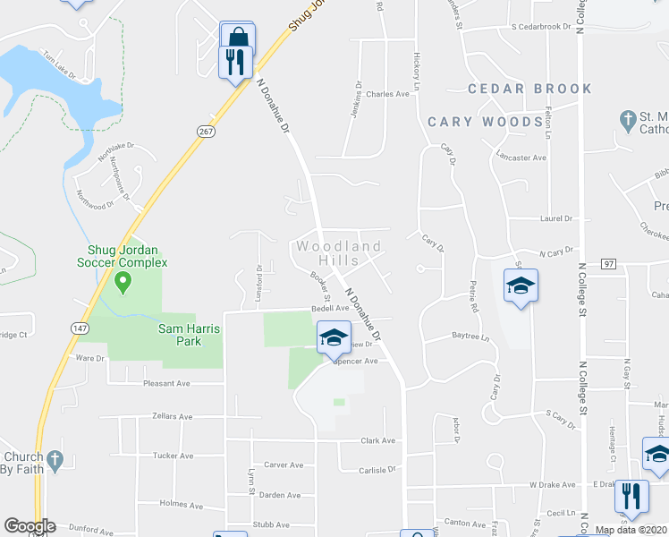 map of restaurants, bars, coffee shops, grocery stores, and more near North Donahue Drive in Auburn
