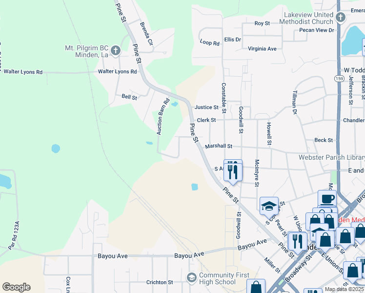 map of restaurants, bars, coffee shops, grocery stores, and more near 506 West Marshall Street in Minden