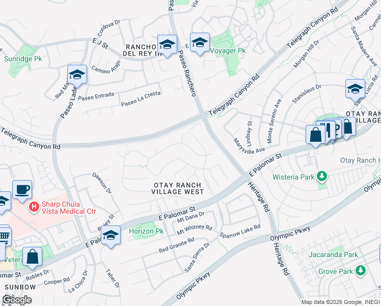 map of restaurants, bars, coffee shops, grocery stores, and more near 1176 Santa Olivia Road in Chula Vista