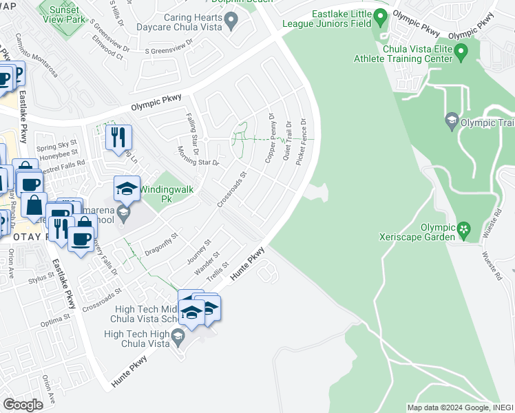 map of restaurants, bars, coffee shops, grocery stores, and more near 1740 Copper Penny Drive in Chula Vista