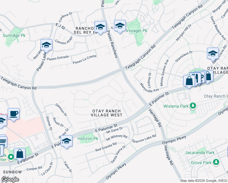map of restaurants, bars, coffee shops, grocery stores, and more near 1176 Santa Olivia Road in Chula Vista