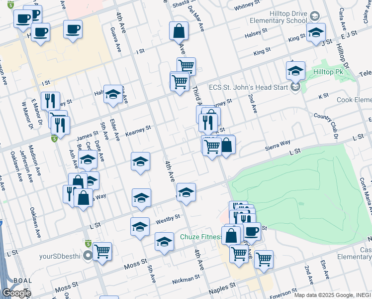 map of restaurants, bars, coffee shops, grocery stores, and more near 345 A K Street in Chula Vista