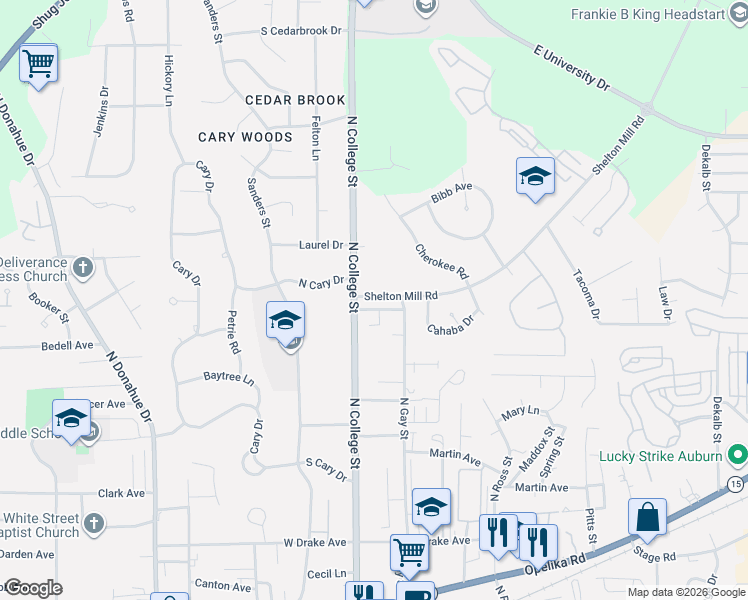 map of restaurants, bars, coffee shops, grocery stores, and more near 127 Shelton Mill Road in Auburn