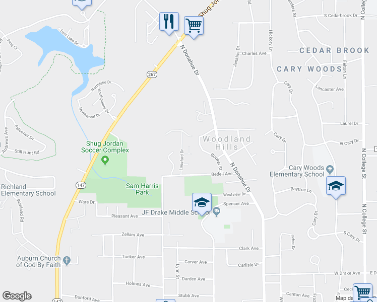 map of restaurants, bars, coffee shops, grocery stores, and more near 865 Lunsford Drive in Auburn