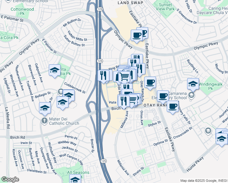 map of restaurants, bars, coffee shops, grocery stores, and more near 2015 Birch Road in Chula Vista