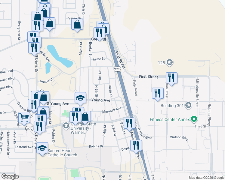 map of restaurants, bars, coffee shops, grocery stores, and more near 314-320 Curtis Street in Warner Robins