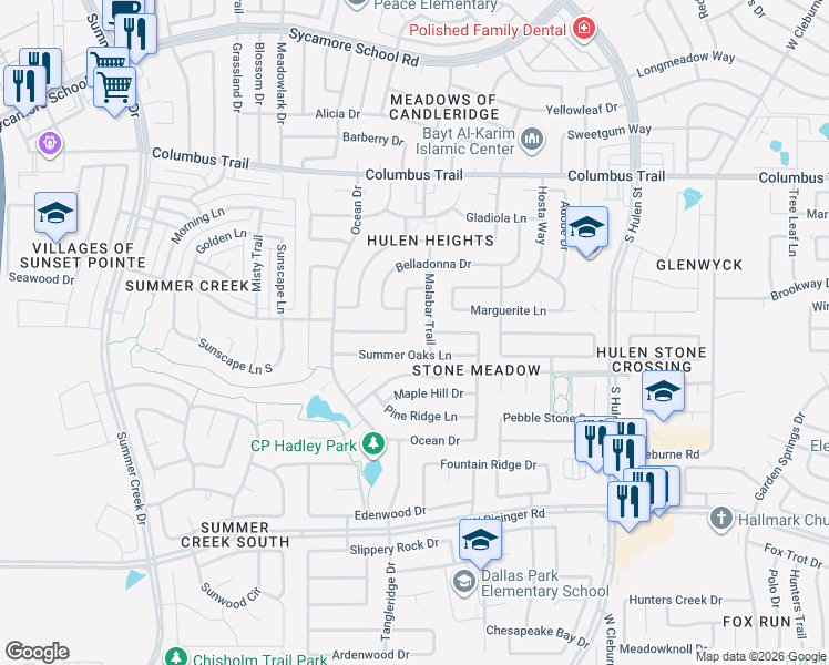 map of restaurants, bars, coffee shops, grocery stores, and more near 4932 Belladonna Drive in Fort Worth