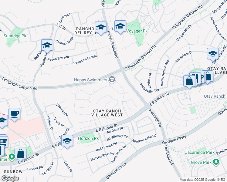 map of restaurants, bars, coffee shops, grocery stores, and more near 1175 Santa Olivia Road in Chula Vista