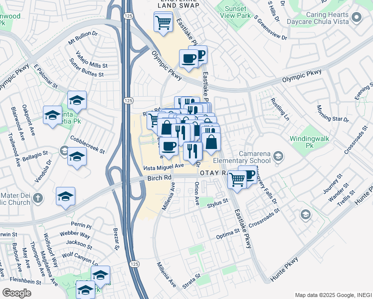map of restaurants, bars, coffee shops, grocery stores, and more near 2015 Birch Road in Chula Vista