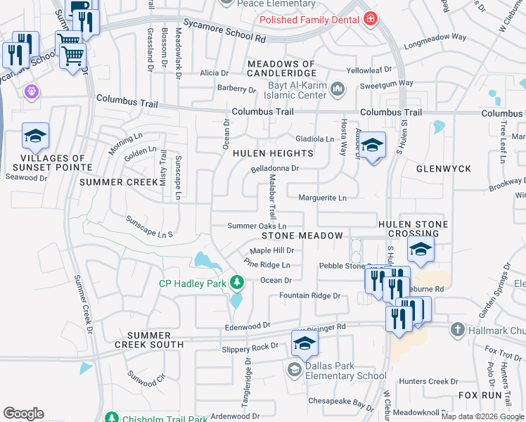map of restaurants, bars, coffee shops, grocery stores, and more near 4932 Belladonna Drive in Fort Worth