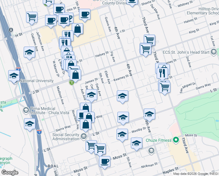 map of restaurants, bars, coffee shops, grocery stores, and more near 757 Elder Avenue in Chula Vista